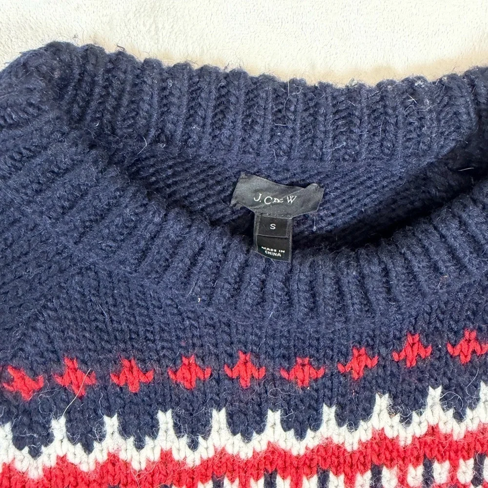 J. Crew Size Small Navy and Red Crewneck Wool Blend Fair Isle Sweater